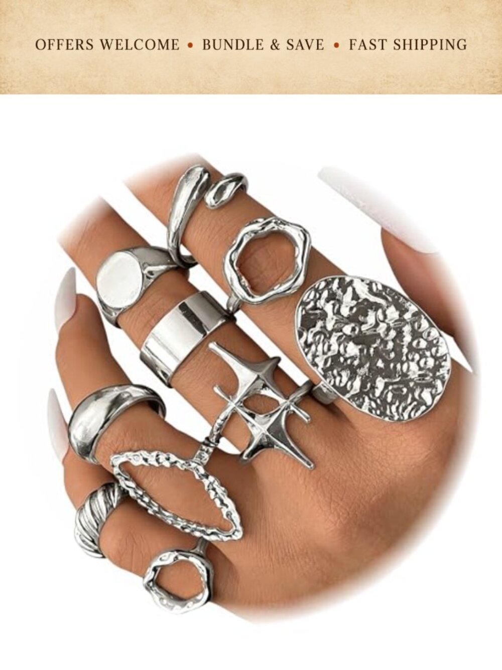 10 Pc 14K Gold Plated Adjustable Stackable Rings Set Punk Style